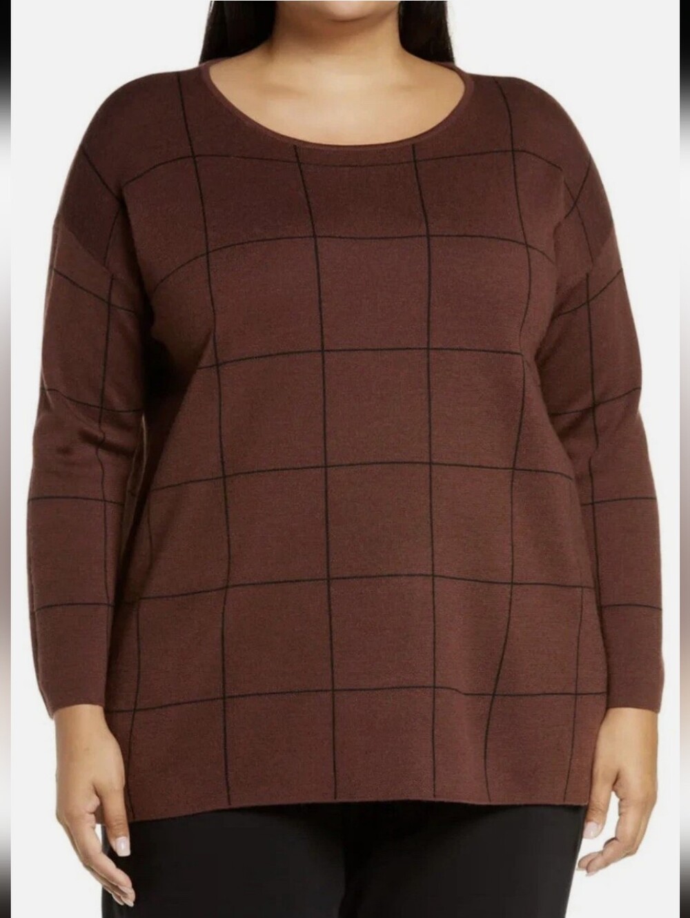 Eileen Fisher Womens 1X 100% Merino Wool Burgundy Plaid Sweater Cozy Luxury Chic